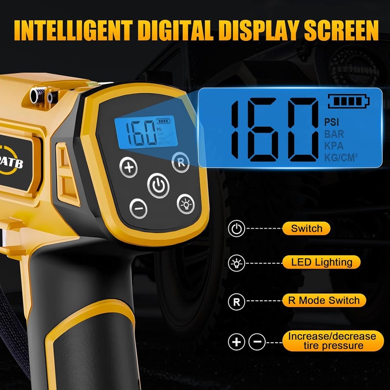 APATB Cordless Air Compressor for Dewalt 20V Max Battery,150PSI Portable Tire Inflator Handheld Air Pump with Digital Pressure Gauge for Cars Motorcycles Bikes Sport Balls (No Battery) - Image 4